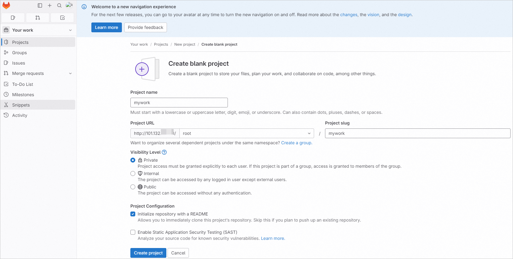 GitLab 填写项目信息