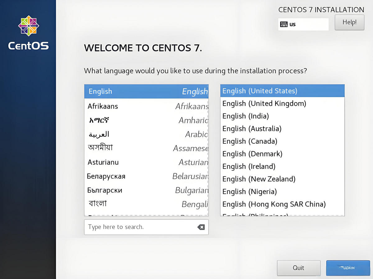 CentOS 7 选择语言（默认）